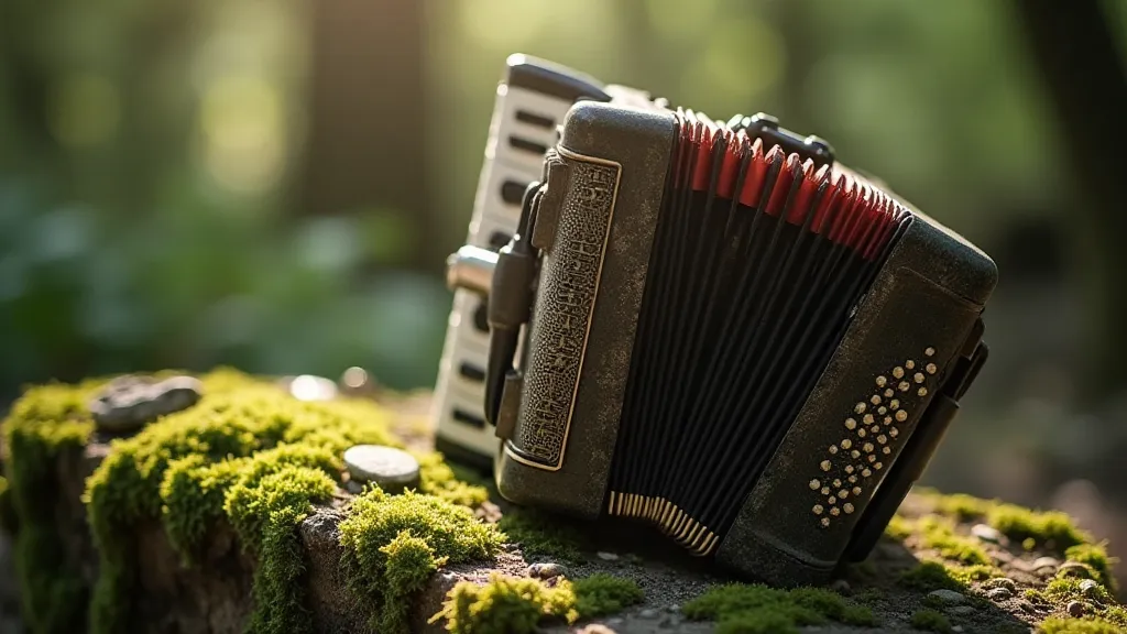 Antique accordion resting on a moss-covered stone