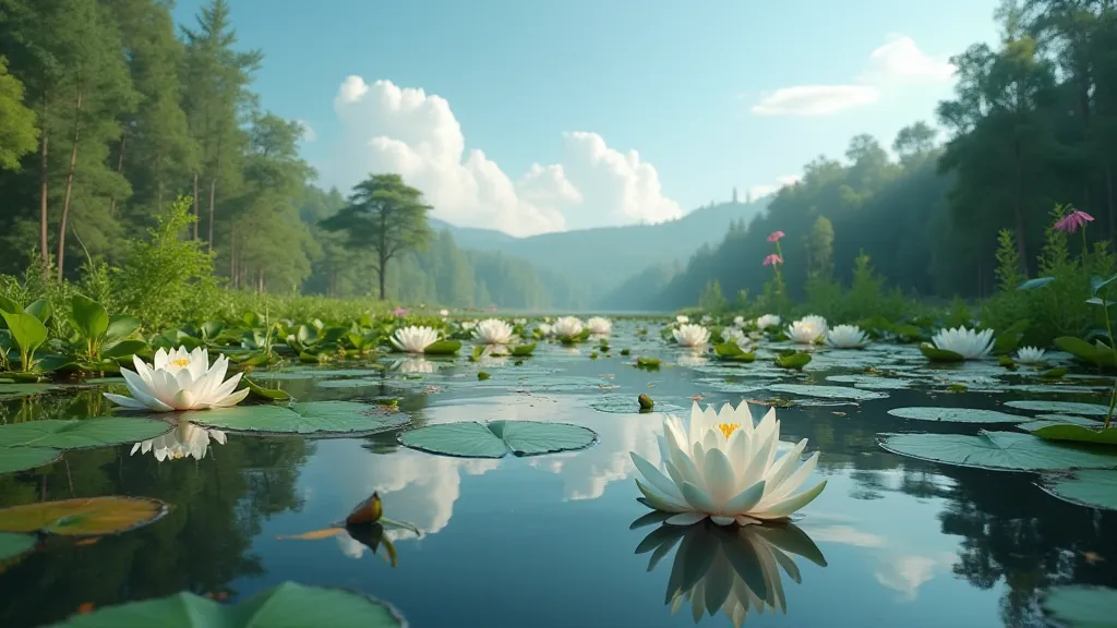 Clear pond with blooming water lilies.