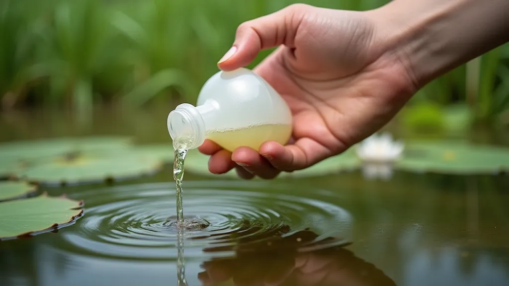 Hand pouring diluted liquid fertilizer into pond