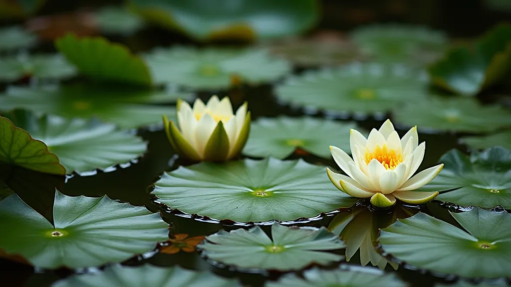 A healthy water lily pond with a slight green tint.