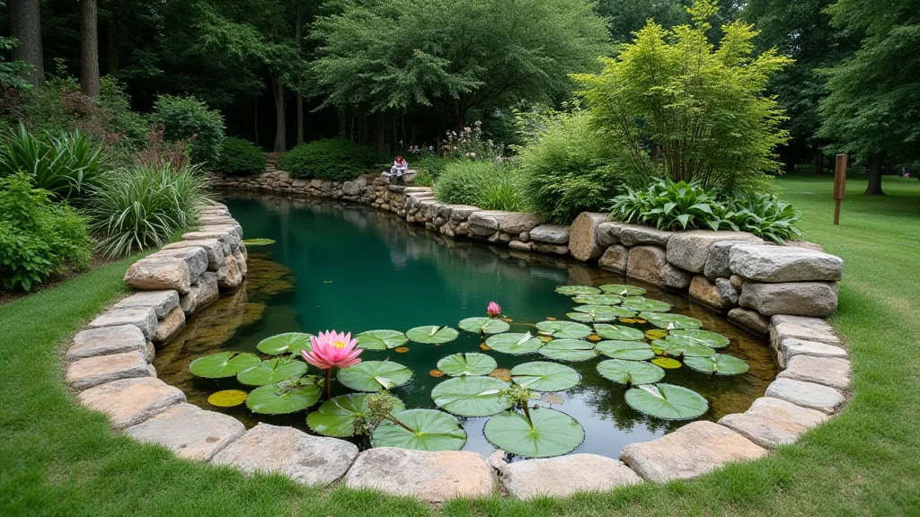 Kidney-shaped water lily pond in a garden