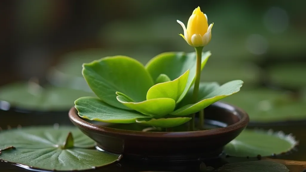 Miniature water lily growing in a ceramic container.