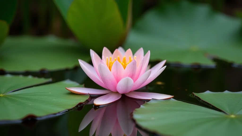 Pink miniature water lily flower in a small pond.