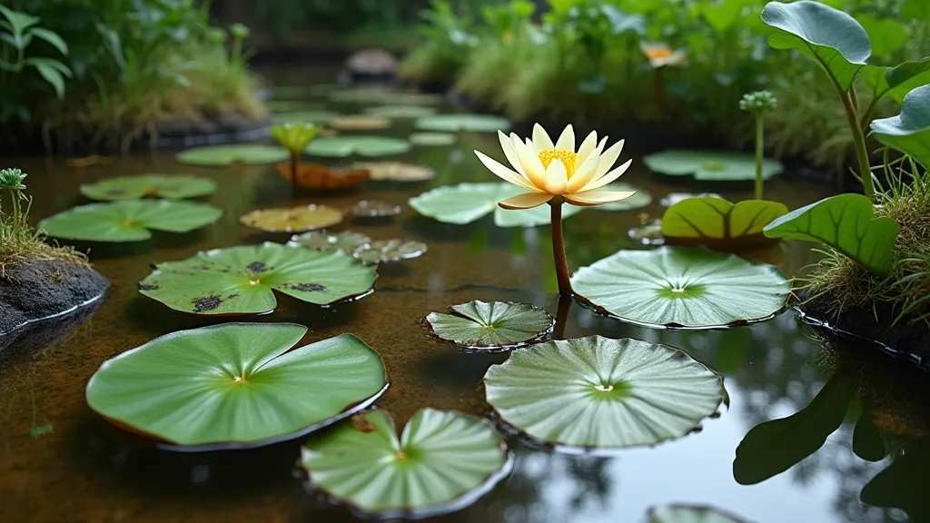 Healthy water lily pond ecosystem