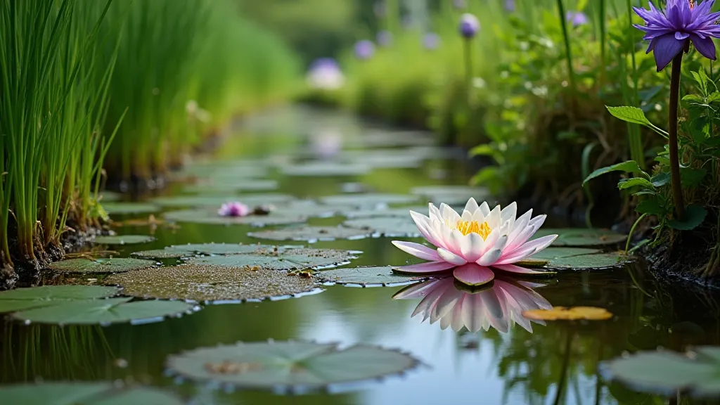 Variety of plants in a water lily pond