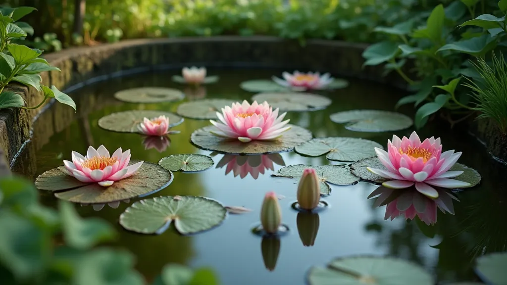 Small pond with miniature water lilies.