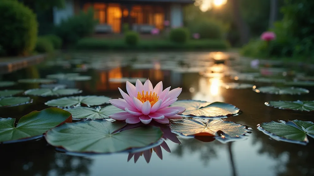 Water lily pond at sunset