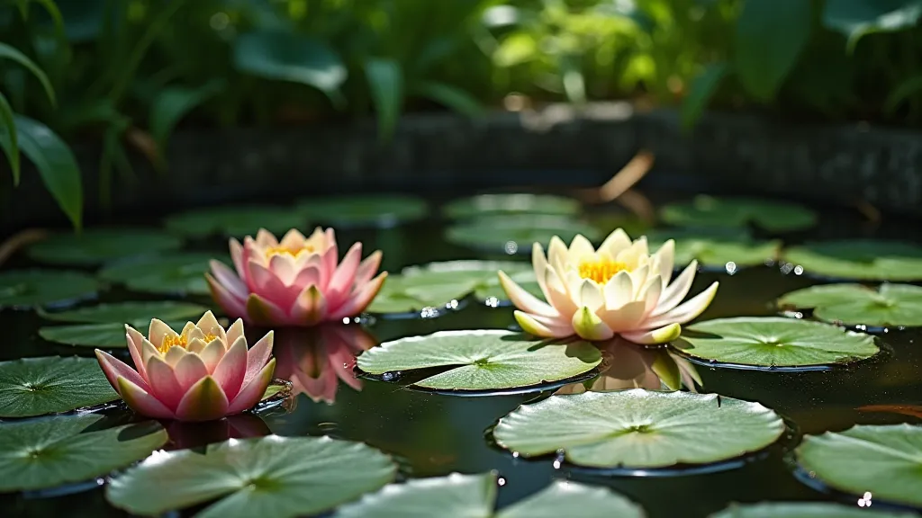 Pond with various water lilies
