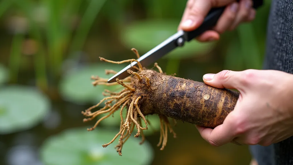 Water lily rhizome being divided into sections.