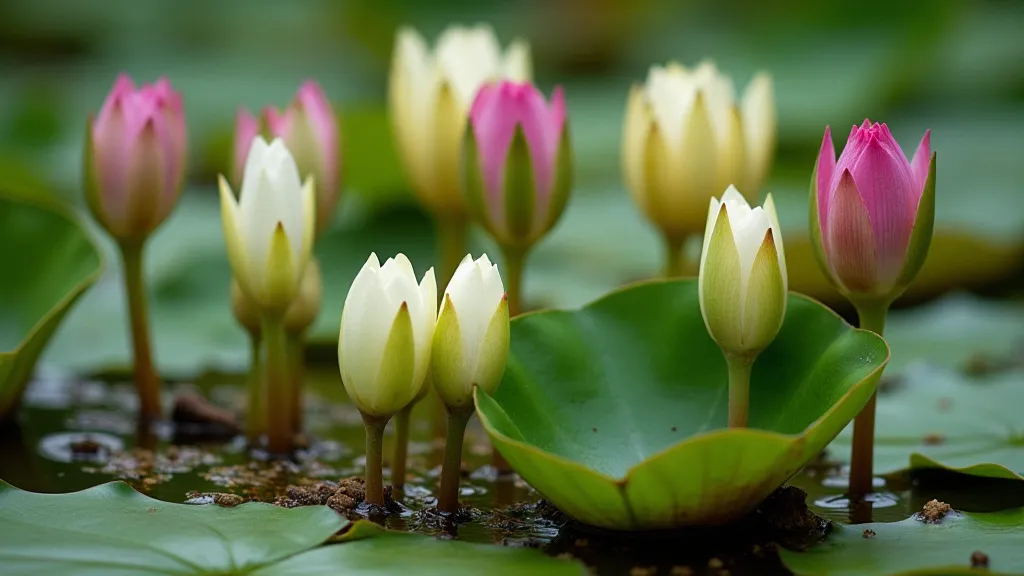 Water lily seedlings in a pond