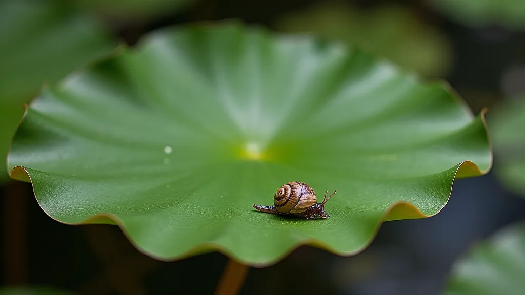 Snail on water lily leaf