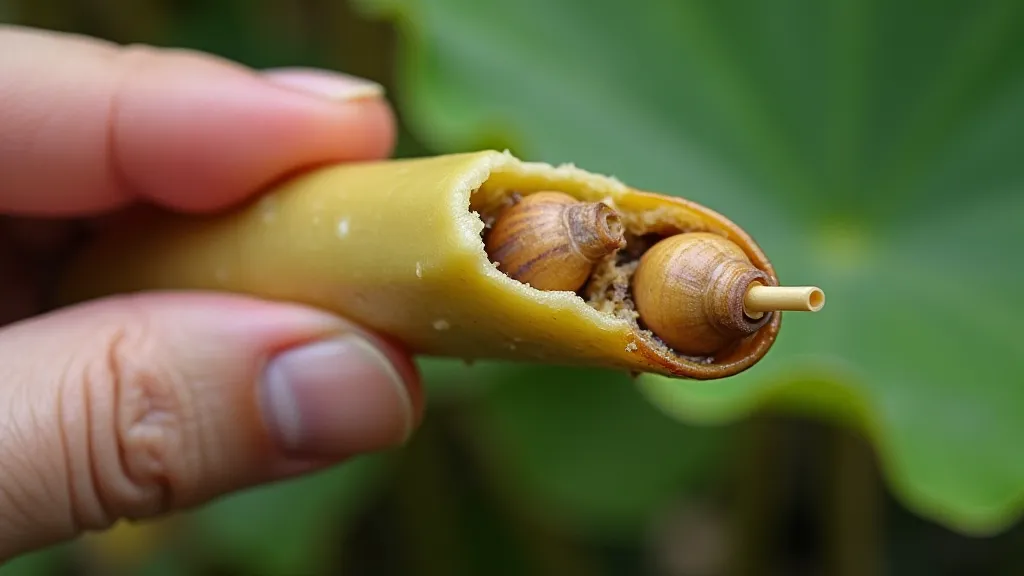 Separating a daughter tuber from a tropical water lily tuber.