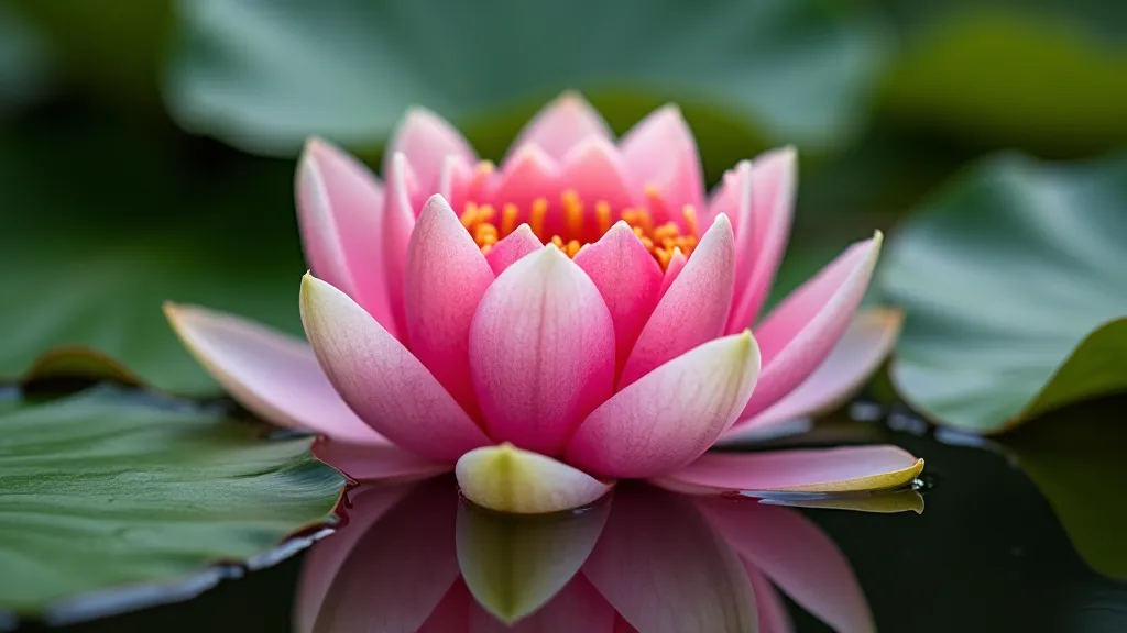 Pink water lily blossom floating on pond surface