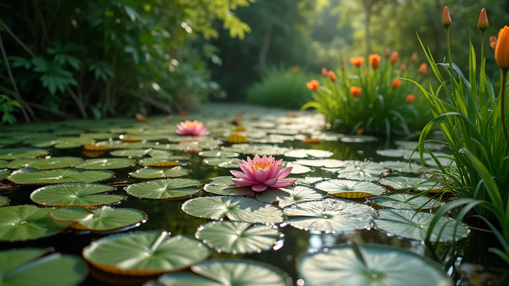 Water lily pond with various companion plants