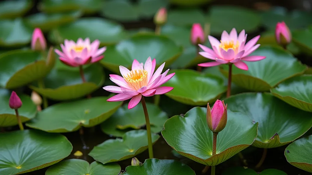 Variety of water lily plants in pond
