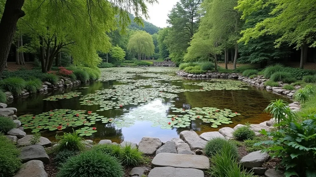 Well-designed water garden with water lilies and landscaping