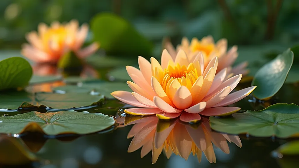 Colorful water lilies and aquatic plants