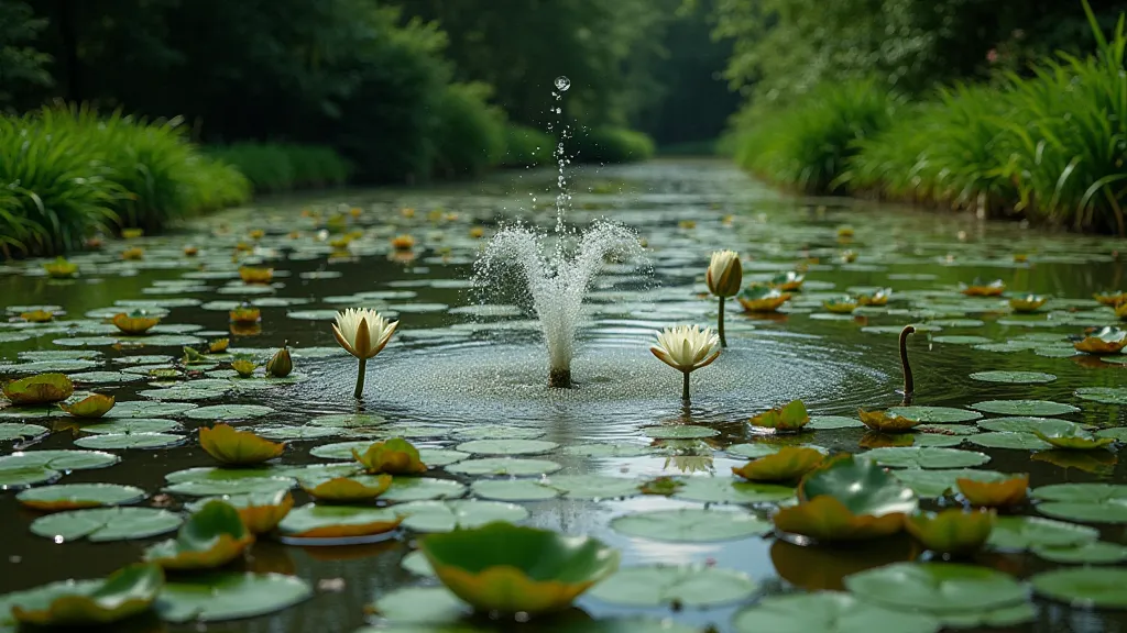 Serene water lily pond with a fountain