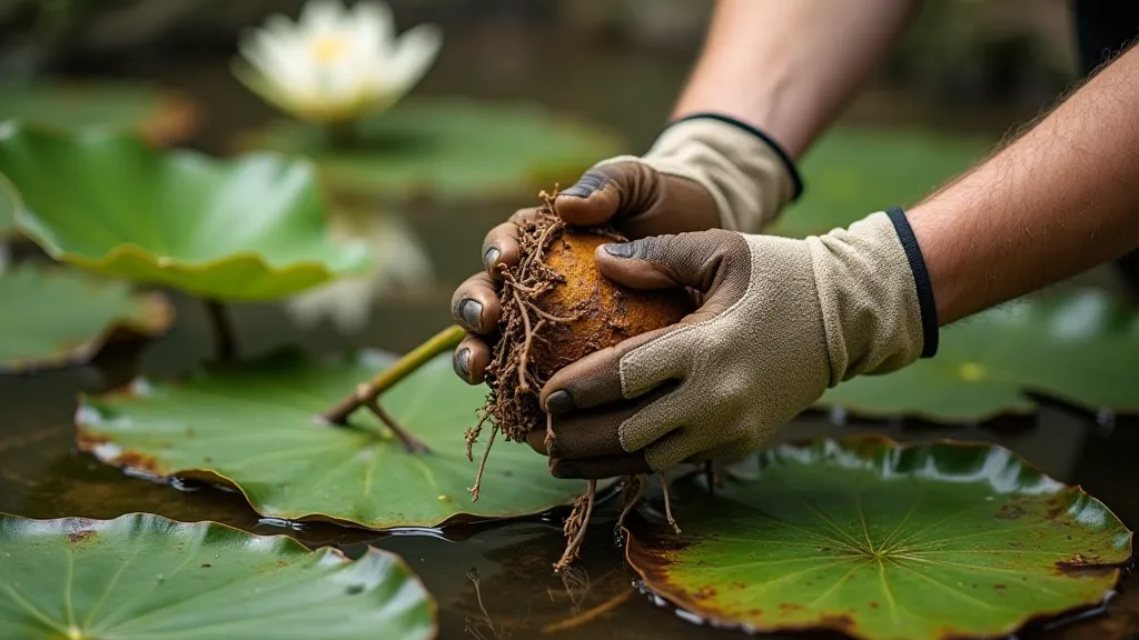 Removing water lily tuber