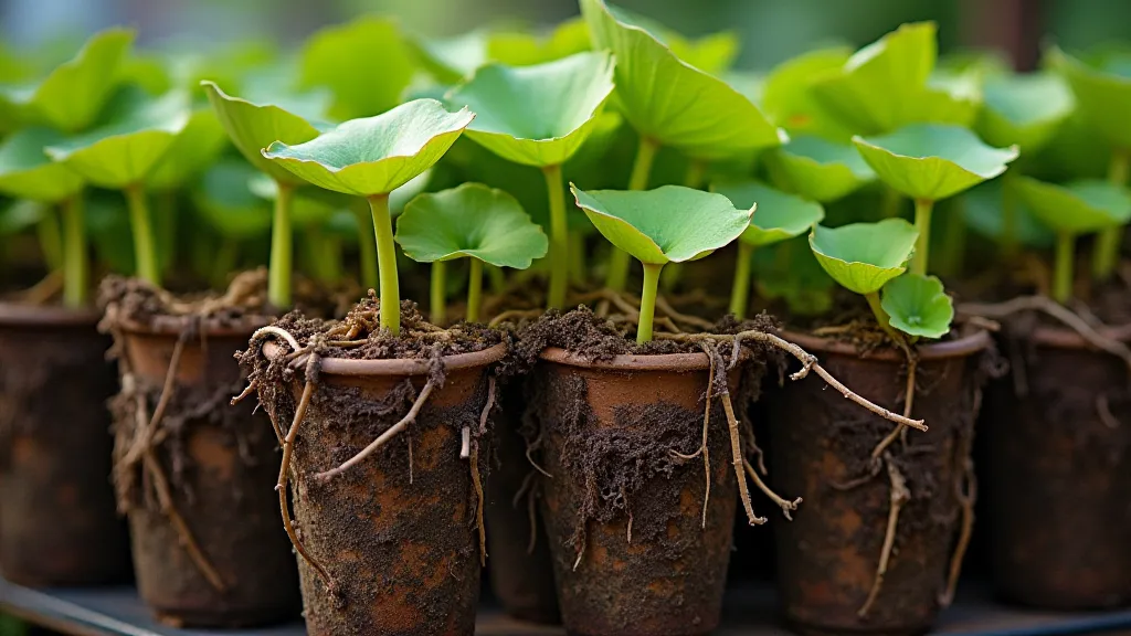 Water lily roots in a pot